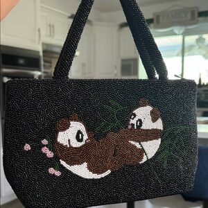 Vintage Beaded Panda Design Black Handbag